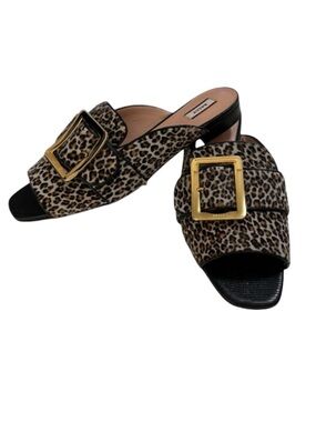 Bally Leopard Print Buckle Mule Sandals in Brown and Gold Size 391/2